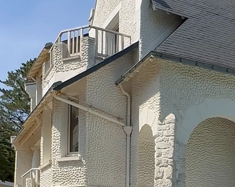 Détail de l'enduit en coquillages d'Adrien Grave, rangées de cupules imbriquées